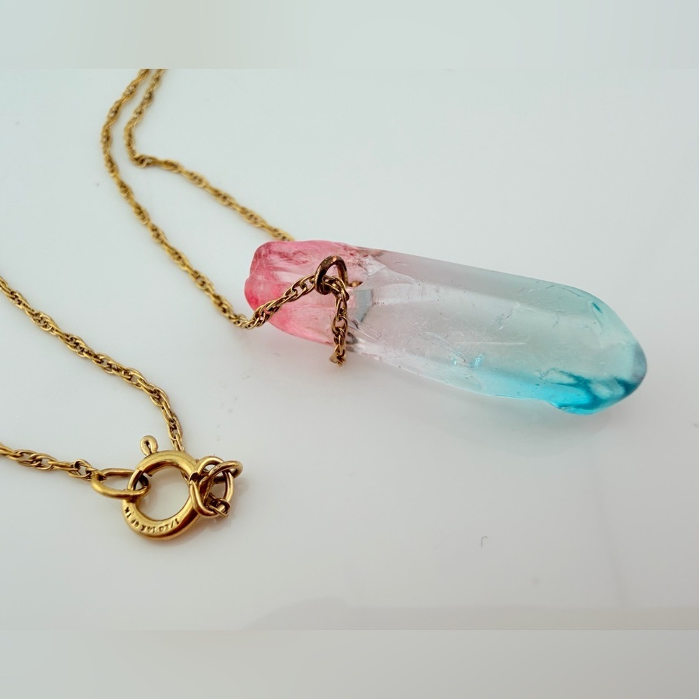 Vintage Tru-Kay 14K Gold FILL Aura Quartz Pendant Necklace